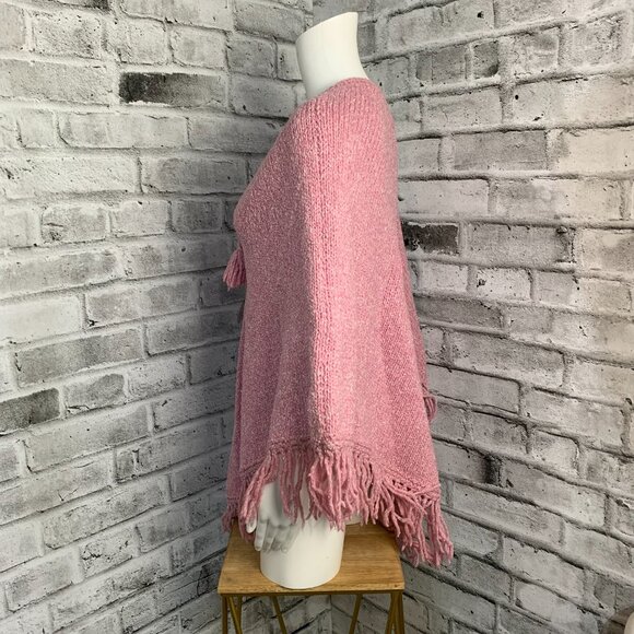 Vintage World Folk Art Pink Fringe Knit Boho Hippie Poncho Sweater - Picture 5 of 12